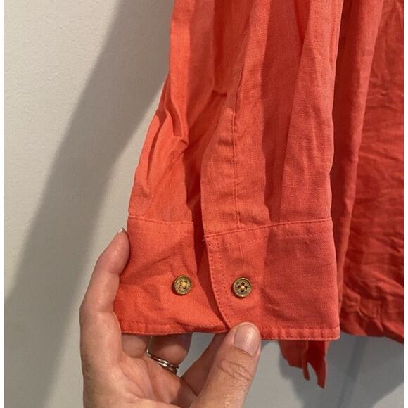 Talbots Top Large L Orange Melon Linen Button Up Roll Tab Lagenlook Boho Coastal - Picture 4 of 14